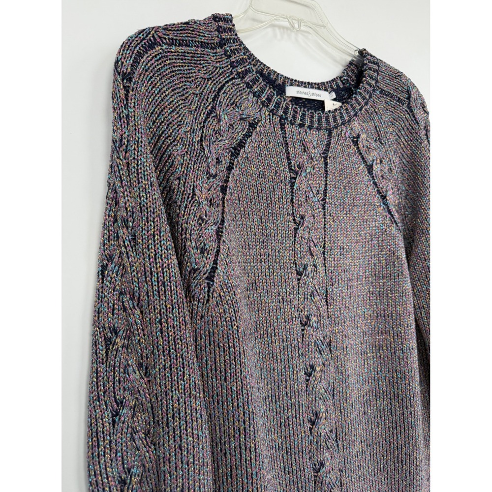 Stitches & Stripes Anthropologie Metallic Cable Crew Knit Sweater L Navy Multi